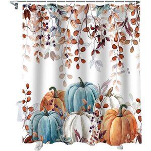 Thanksgiving Shower Curtain, Watercolor Pumpkins & Eucalyptus, 72x72 in w/ Hooks